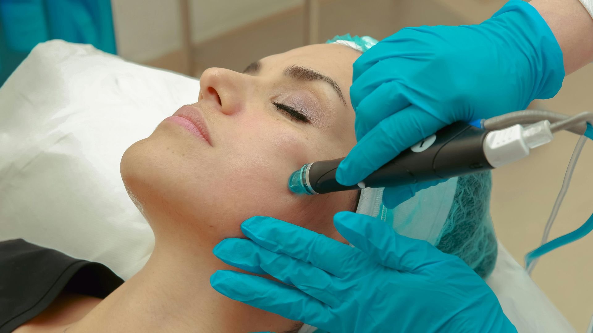 Cosmetic procedure with medical professional using laser treatment on face